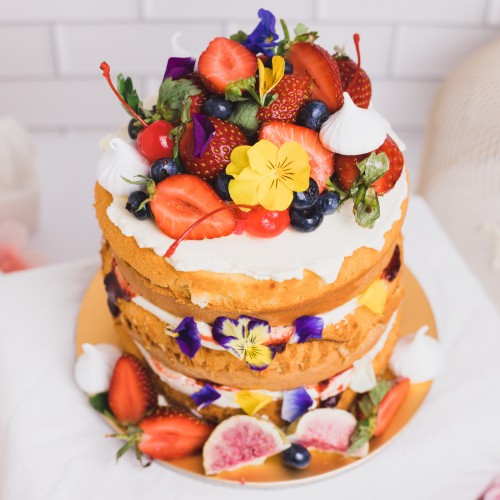 Rustic Naked Cake with Berries & Flowers
