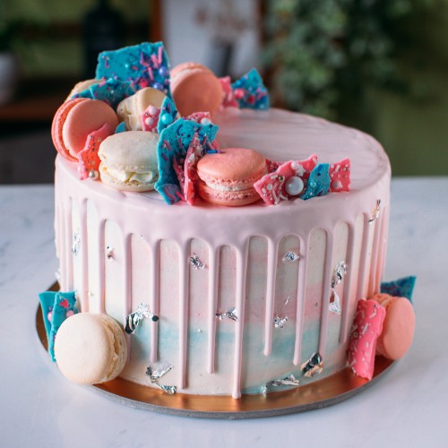 Pink & Blue Marbled Cake with Candy Shards and Macarons