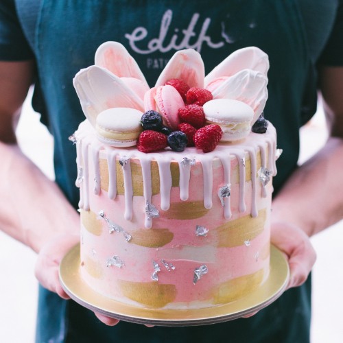 Pink and Gold Marble Drizzle Cake with Candy Shards, Mixed Berries and Macarons