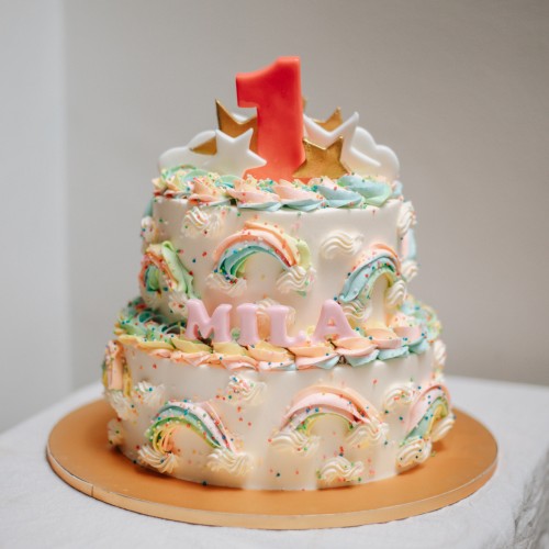 Two Tier Piped Rainbow and Clouds Cake with Fondant Stars