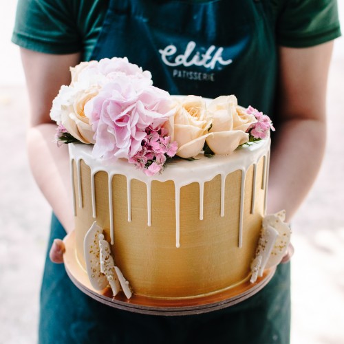 Gold Painted Floral Cake with White Chocolate Drizzle