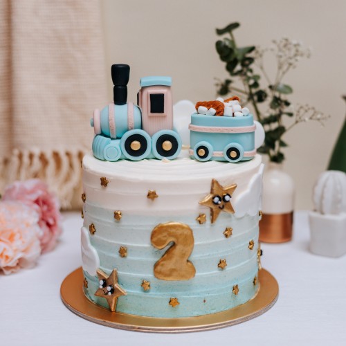 Pastel Blue Ombre Cake with Stars and Train Carriage