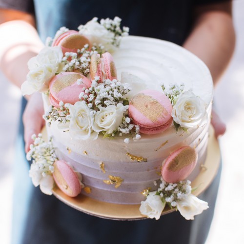 Pastel Purple Ombre Cake with Florals & Macarons