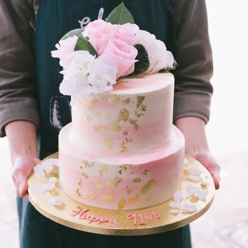 Two Tier Ethereal Floral Cake with Gold Leaves