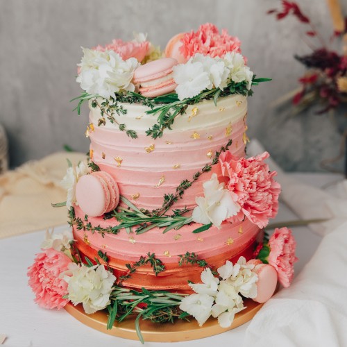 Two Tier Rose Gold Ombre with Carnations and Hydrangeas