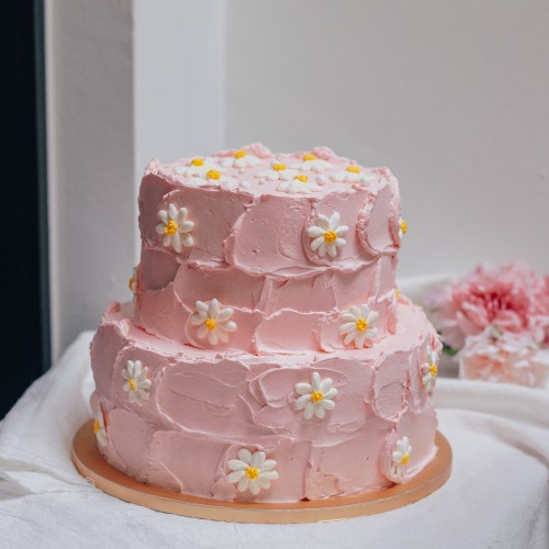 Two Tier Pastel Pink Swash Cake with Piped Daisies