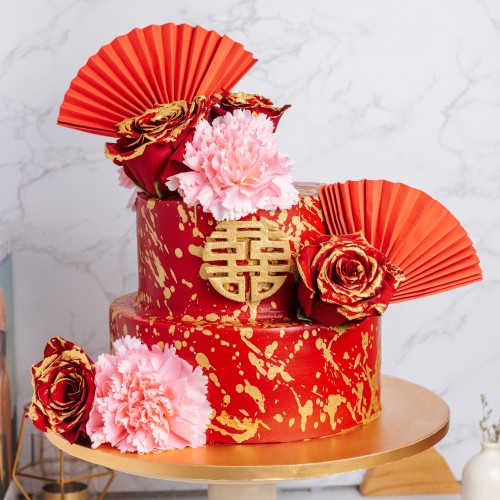 Two Tier Auspicious Double Happiness Wedding Cake