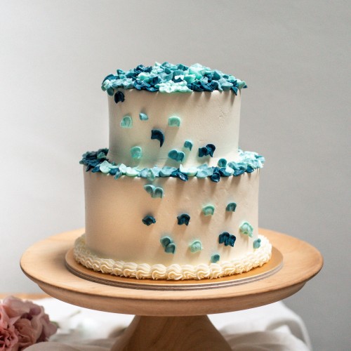 Two Tier Blue & Navy Piped Hydrangea Cake