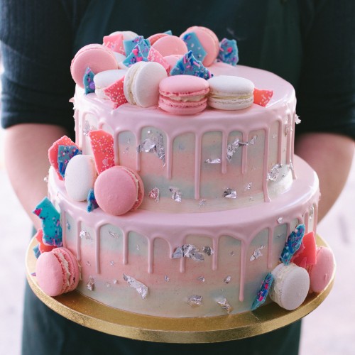 Two Tier Marbled Cake with Pink & Blue Candy Shards and Macaron Decor