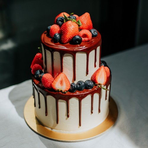 Two Tier Mixed Berries with Chocolate Drizzle Cake