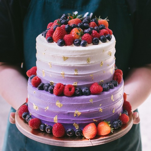 Two Tier Ombre striped with Gold Leaves and Mixed Berries