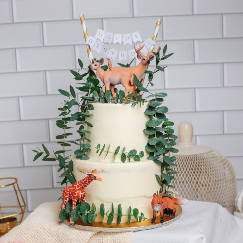 Two Tier Rustic Eucalyptus Cake with Woodland Creatures