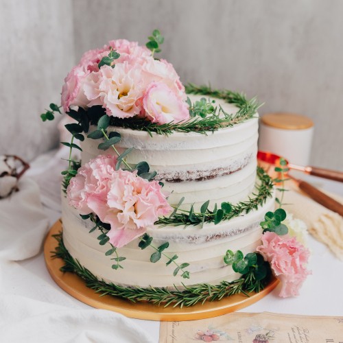 Two Tier Rustic Rosemary Floral Cake
