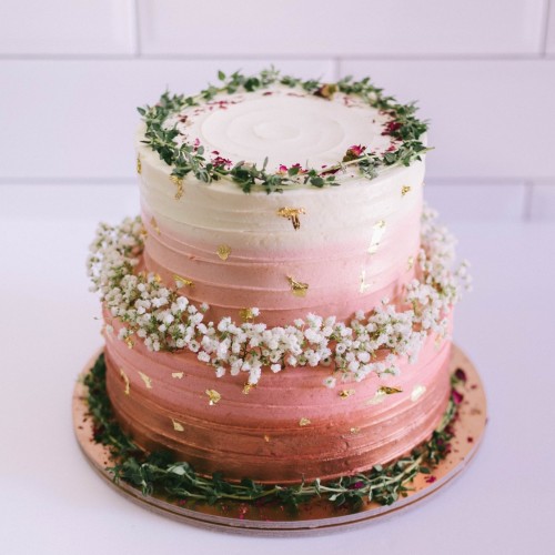 Two Tier Rose Gold Ombre Cake with Thyme and Baby’s Breath