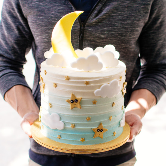 Pastel Blue Ombre Cake with Crescent Moon and Stars