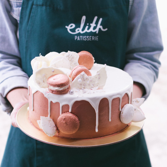 Gold Painted Cake with Macarons and Candy Shards