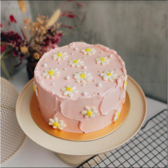 Pastel Pink Swash Cake with Piped Daisies