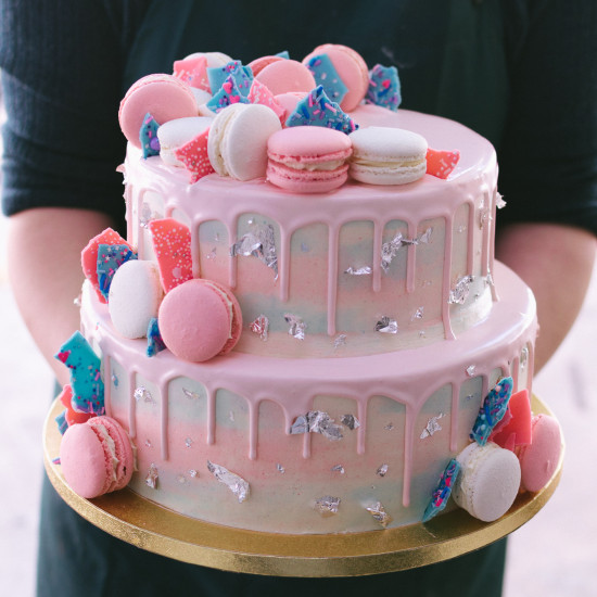 Marbled Cake with Pink & Blue Candy Shards and Macaron Decor - Two Tier