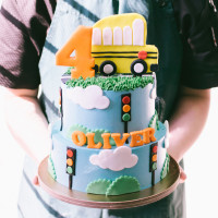 Two Tier Yellow Bus Cake
