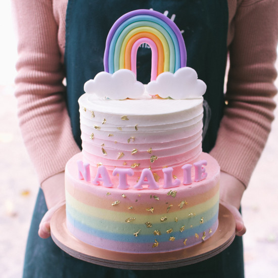 Two Tier Rainbow and Ombre with Cascading Gold Cake
